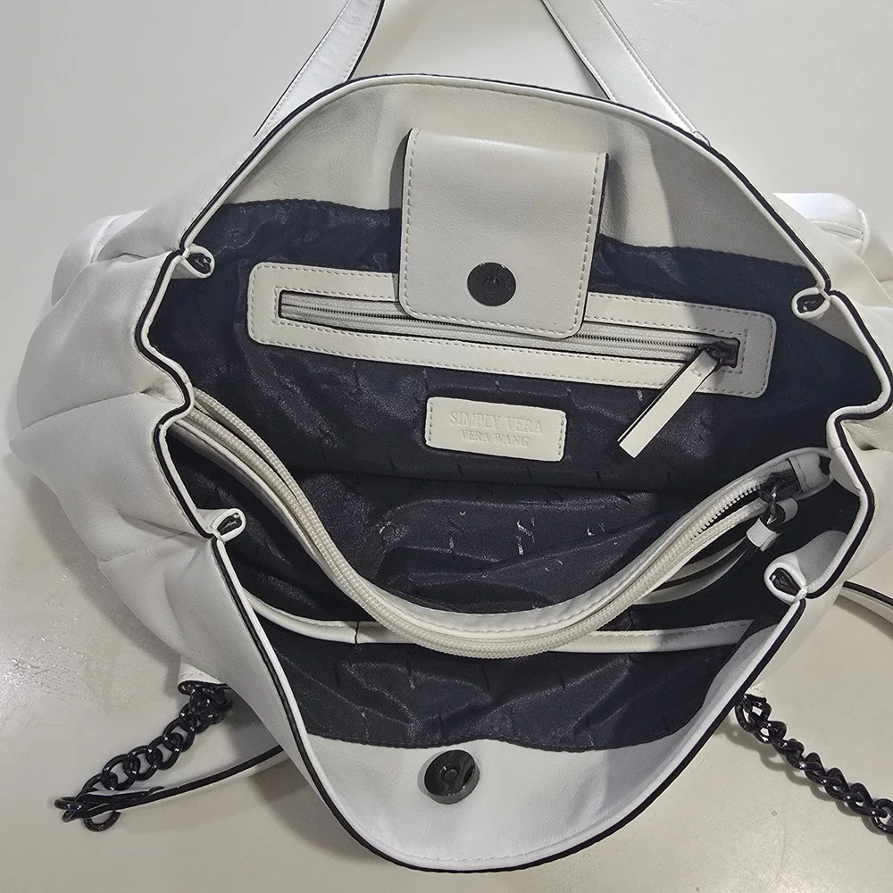 Simply Vera Vera Wang White Laser Cut Faux Leather Tote Bag Chain Strap Gunmetal
